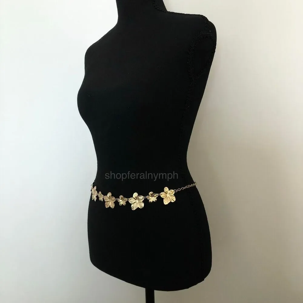 Vintage Y2K Boho Gold Flower Chain Belt, Fits 12.5–36 Inches, X7GA1179